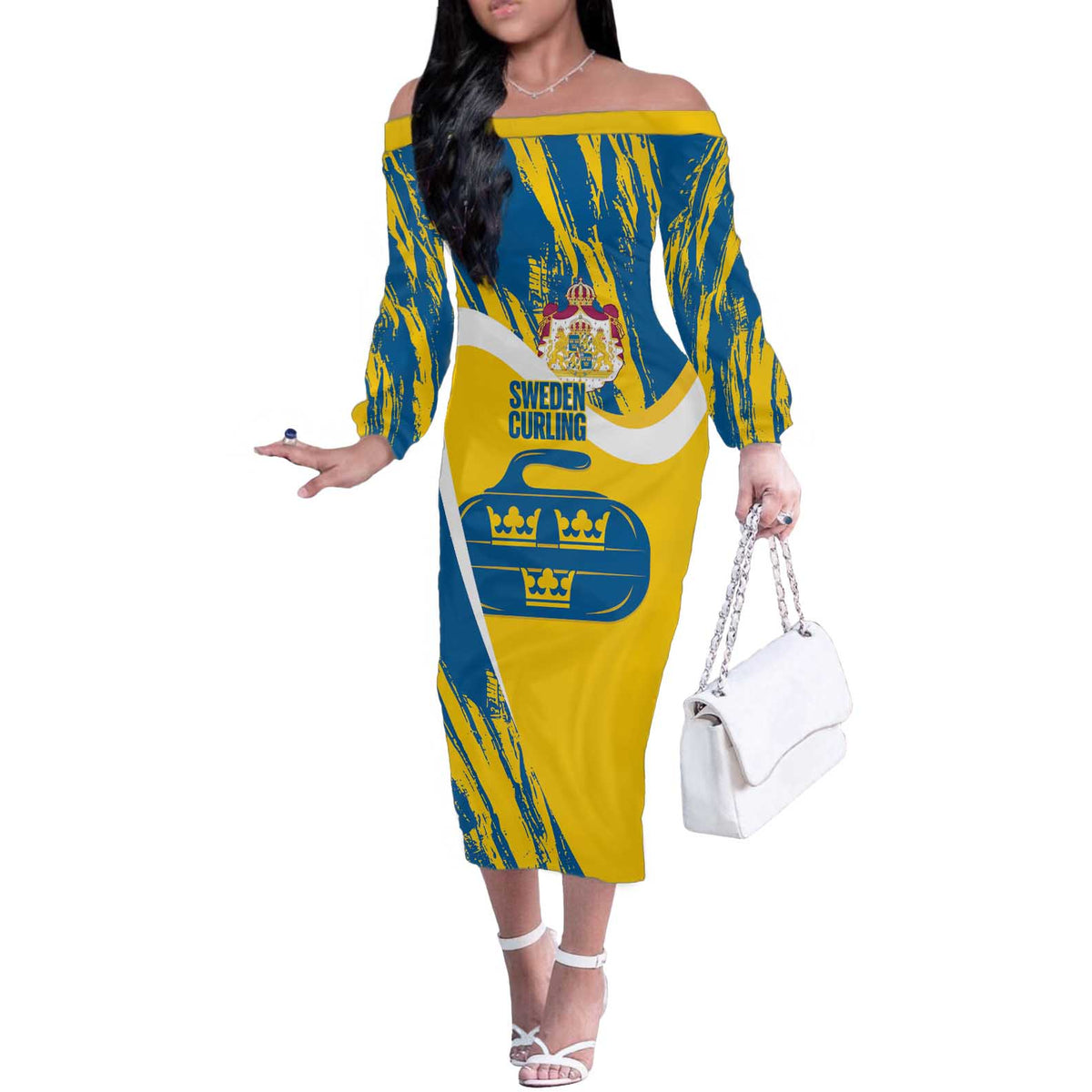 Custom Sweden Curling Off The Shoulder Long Sleeve Dress Konungariket Sverige Tre Kronor Grunge Style - Wonder Print Shop