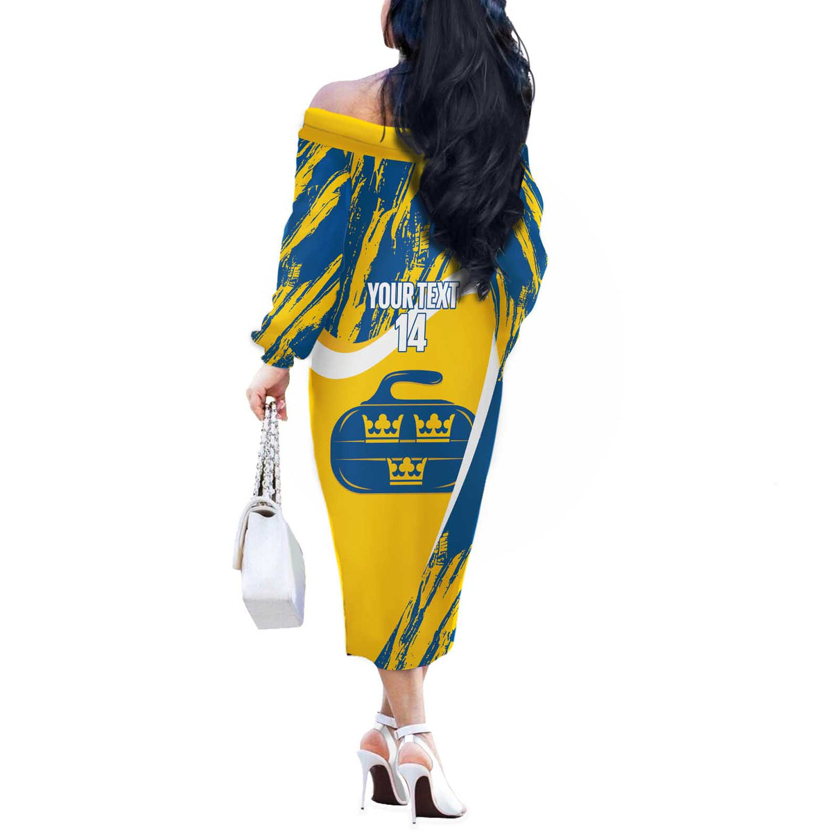Custom Sweden Curling Off The Shoulder Long Sleeve Dress Konungariket Sverige Tre Kronor Grunge Style - Wonder Print Shop