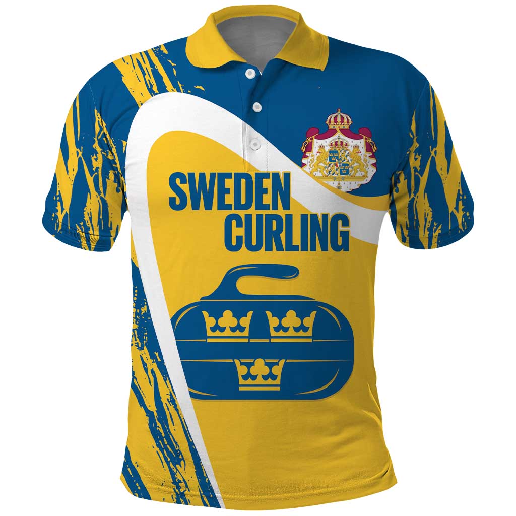Custom Sweden Curling Polo Shirt Konungariket Sverige Tre Kronor Grunge Style - Wonder Print Shop