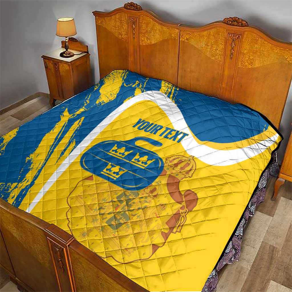 Custom Sweden Curling Quilt Konungariket Sverige Tre Kronor Grunge Style - Wonder Print Shop