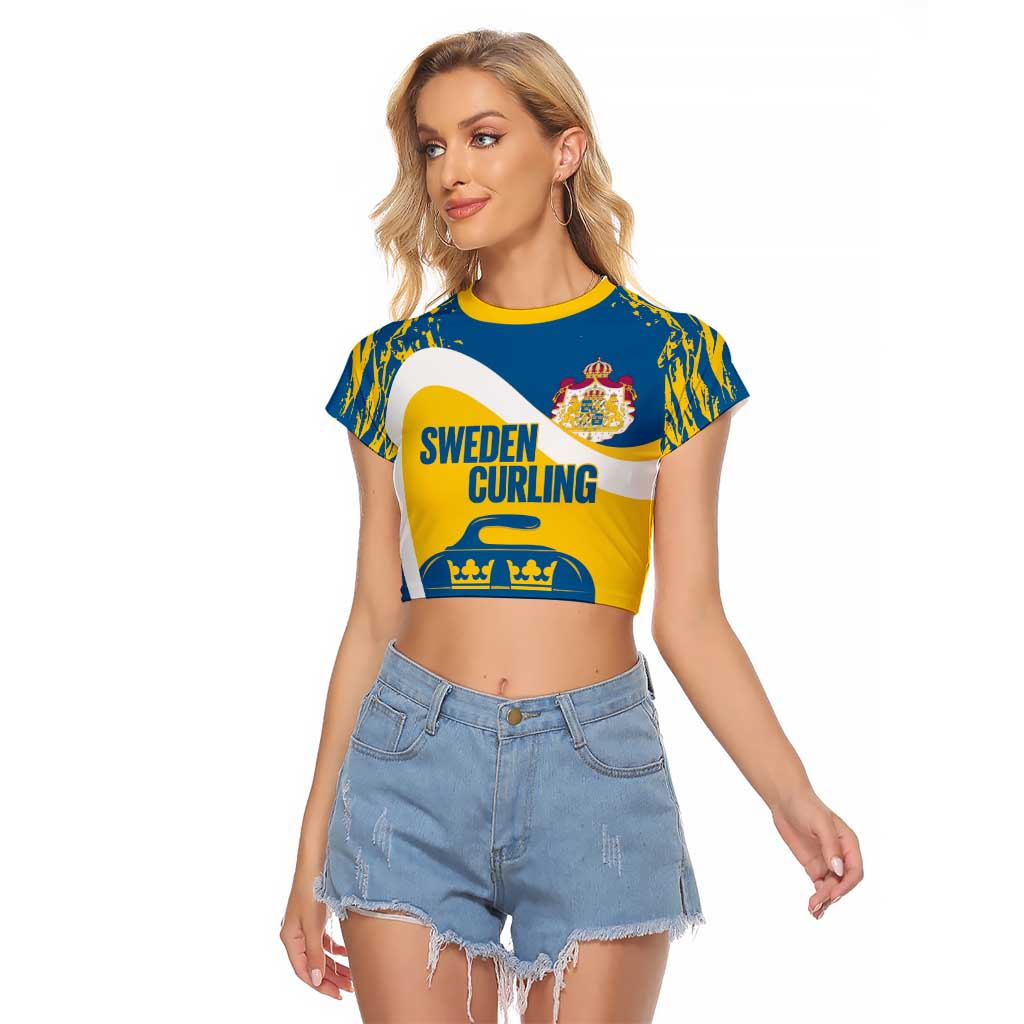 Custom Sweden Curling Raglan Cropped T Shirt Konungariket Sverige Tre Kronor Grunge Style - Wonder Print Shop