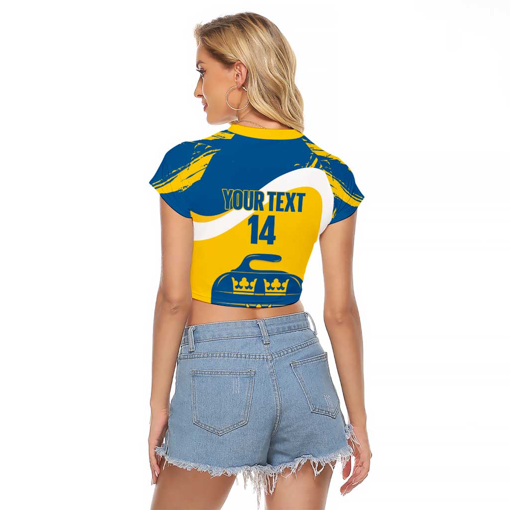 Custom Sweden Curling Raglan Cropped T Shirt Konungariket Sverige Tre Kronor Grunge Style - Wonder Print Shop