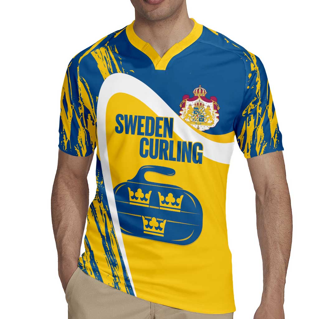 Custom Sweden Curling Rugby Jersey Konungariket Sverige Tre Kronor Grunge Style - Wonder Print Shop