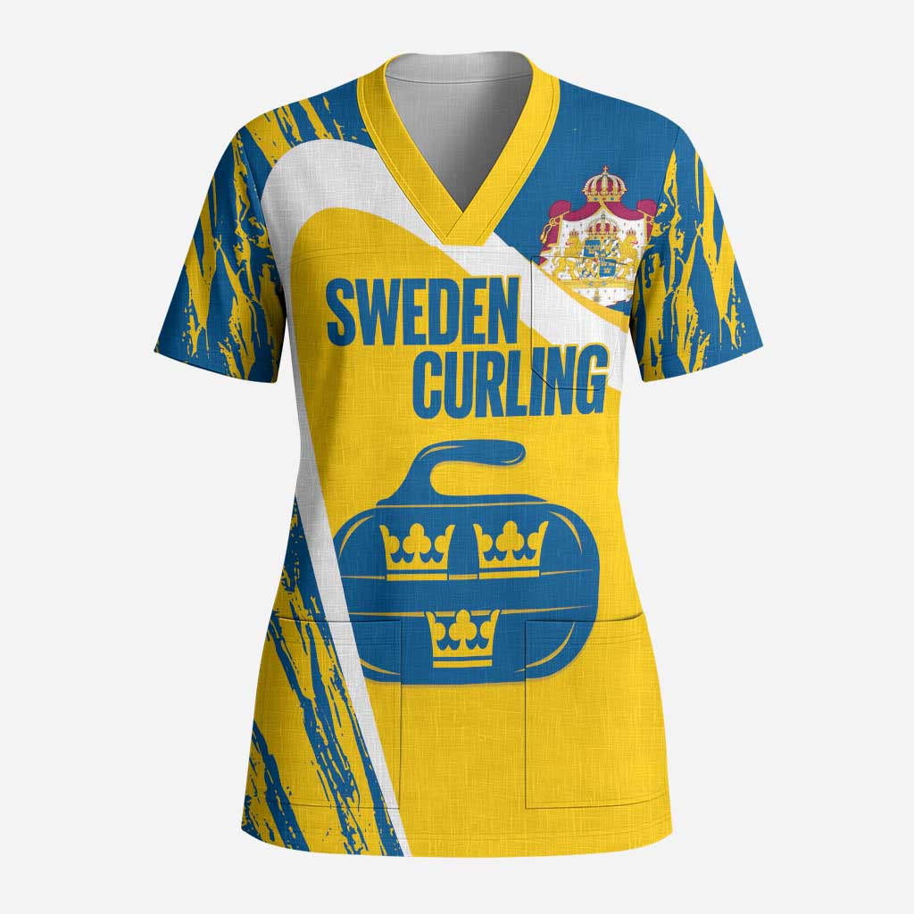 Custom Sweden Curling Scrub Top Konungariket Sverige Tre Kronor Grunge Style - Wonder Print Shop