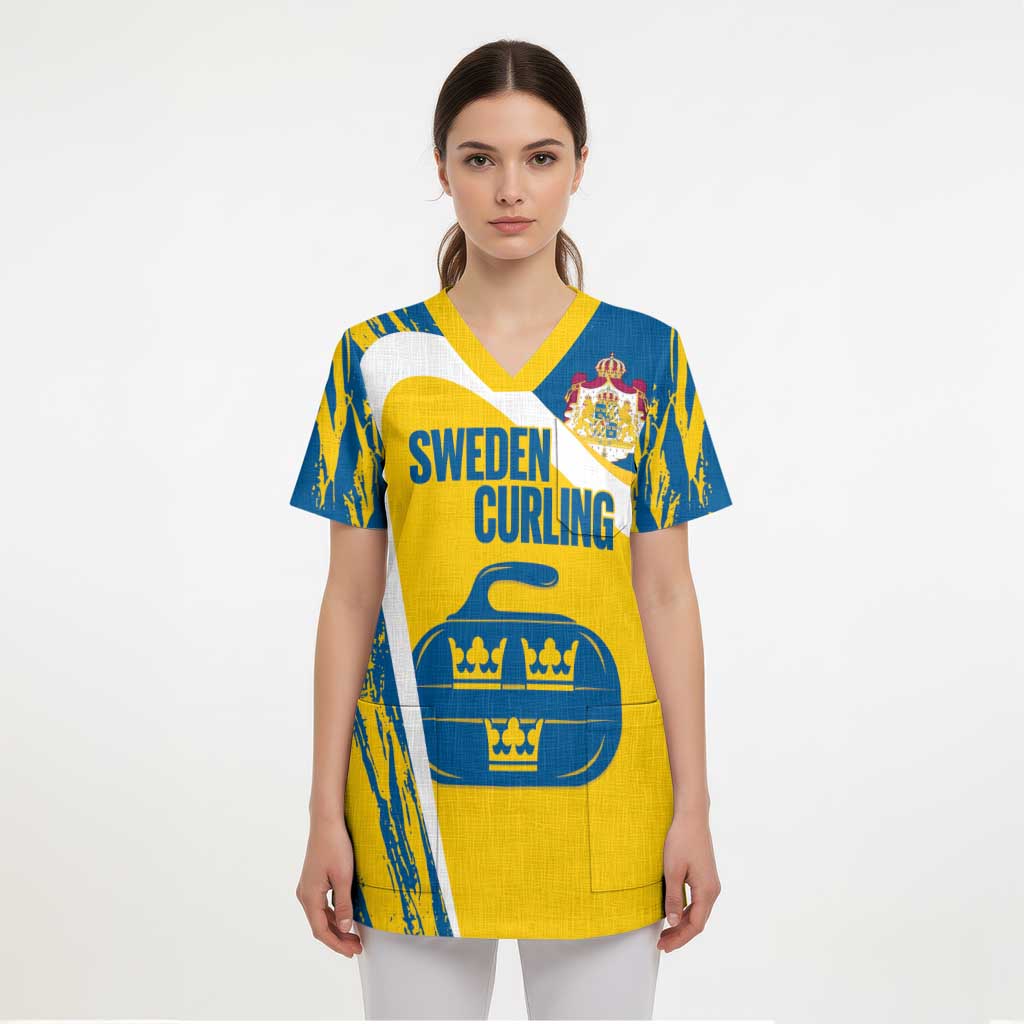 Custom Sweden Curling Scrub Top Konungariket Sverige Tre Kronor Grunge Style - Wonder Print Shop