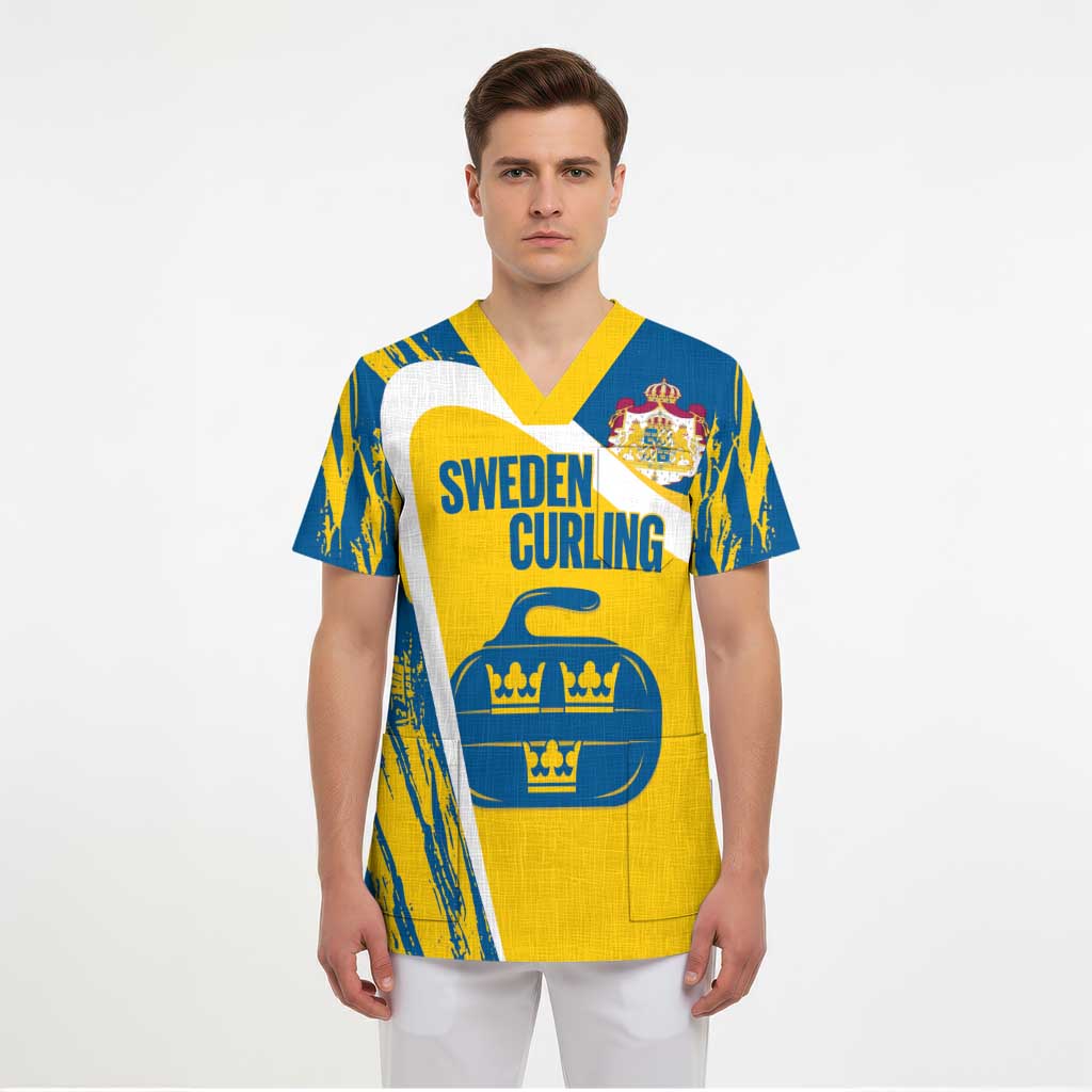 Custom Sweden Curling Scrub Top Konungariket Sverige Tre Kronor Grunge Style - Wonder Print Shop
