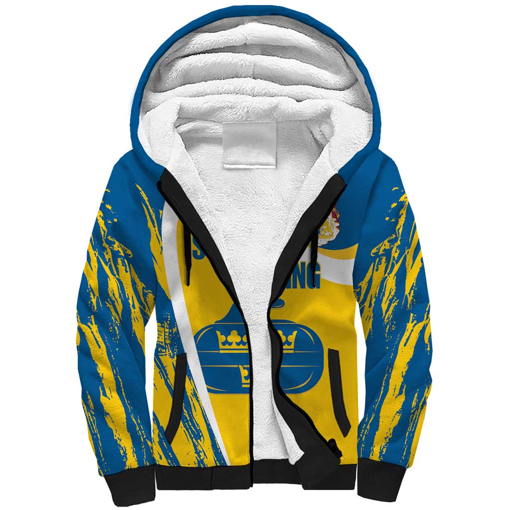 Custom Sweden Curling Sherpa Hoodie Konungariket Sverige Tre Kronor Grunge Style - Wonder Print Shop