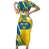 Custom Sweden Curling Short Sleeve Bodycon Dress Konungariket Sverige Tre Kronor Grunge Style - Wonder Print Shop