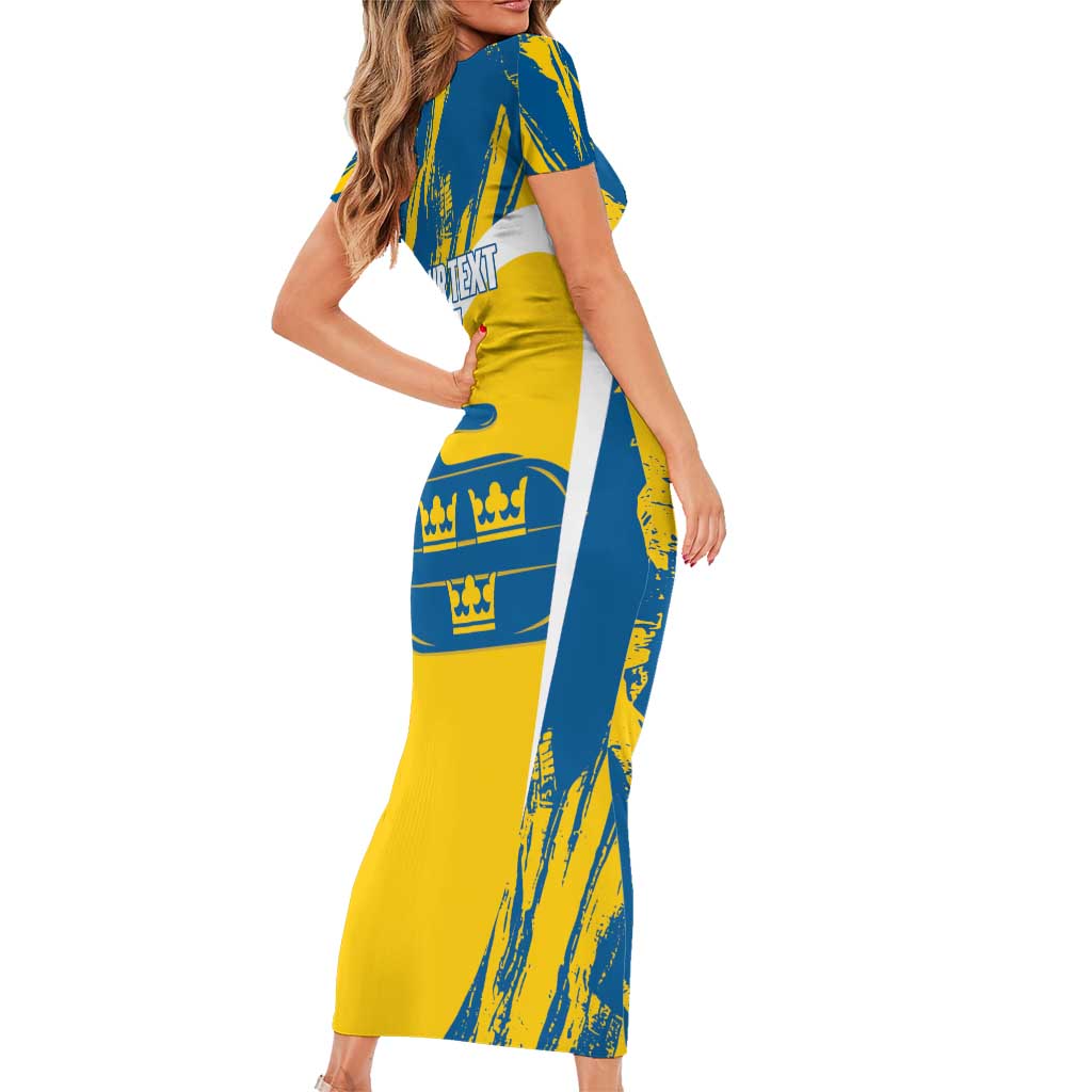 Custom Sweden Curling Short Sleeve Bodycon Dress Konungariket Sverige Tre Kronor Grunge Style - Wonder Print Shop
