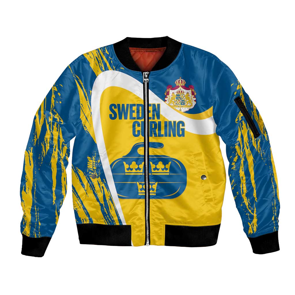 Custom Sweden Curling Sleeve Zip Bomber Jacket Konungariket Sverige Tre Kronor Grunge Style - Wonder Print Shop