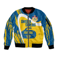 Custom Sweden Curling Sleeve Zip Bomber Jacket Konungariket Sverige Tre Kronor Grunge Style - Wonder Print Shop