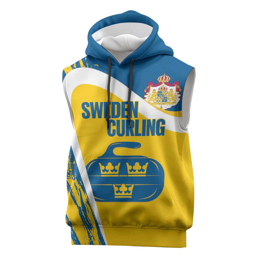 Custom Sweden Curling Sleeveless Hoodie Konungariket Sverige Tre Kronor Grunge Style - Wonder Print Shop