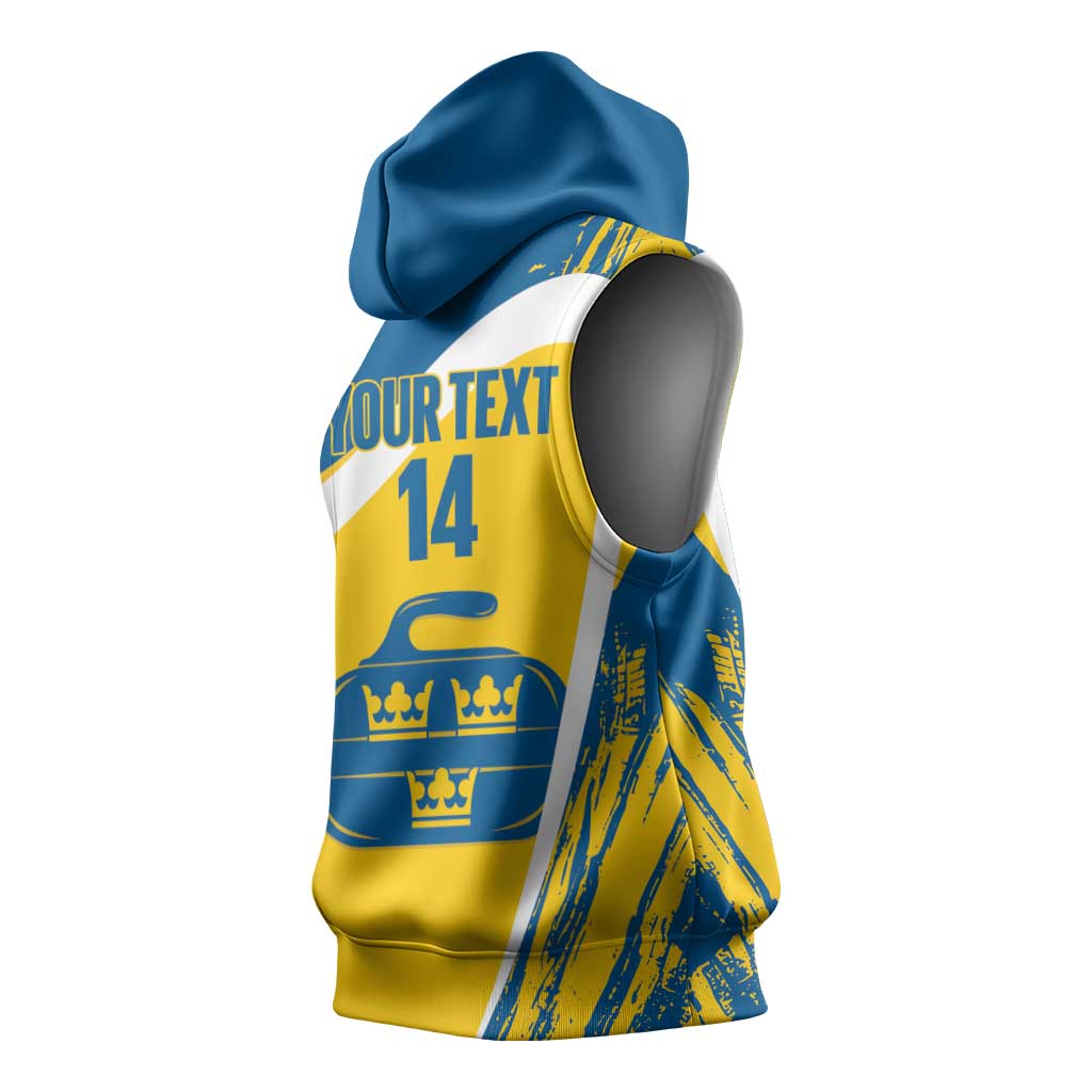 Custom Sweden Curling Sleeveless Hoodie Konungariket Sverige Tre Kronor Grunge Style - Wonder Print Shop