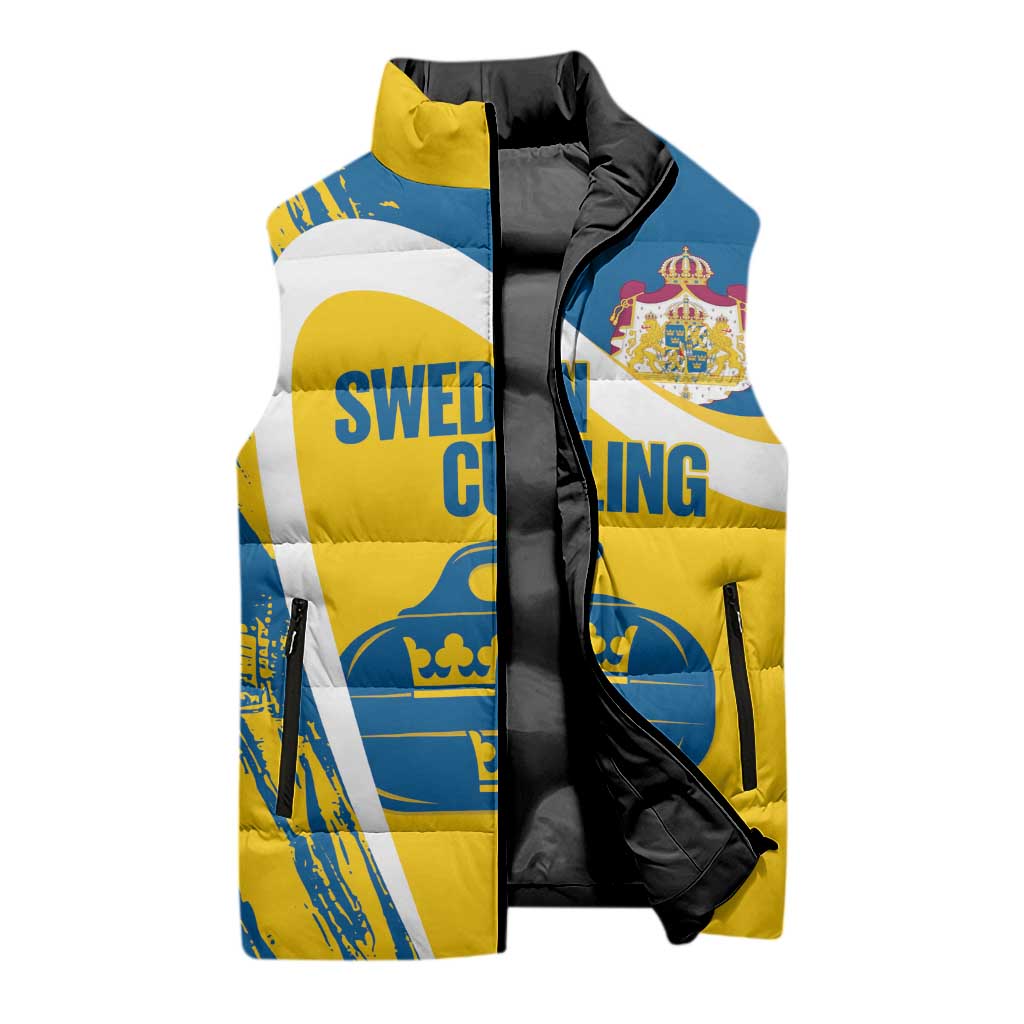 Custom Sweden Curling Sleeveless Puffer Jacket Konungariket Sverige Tre Kronor Grunge Style - Wonder Print Shop