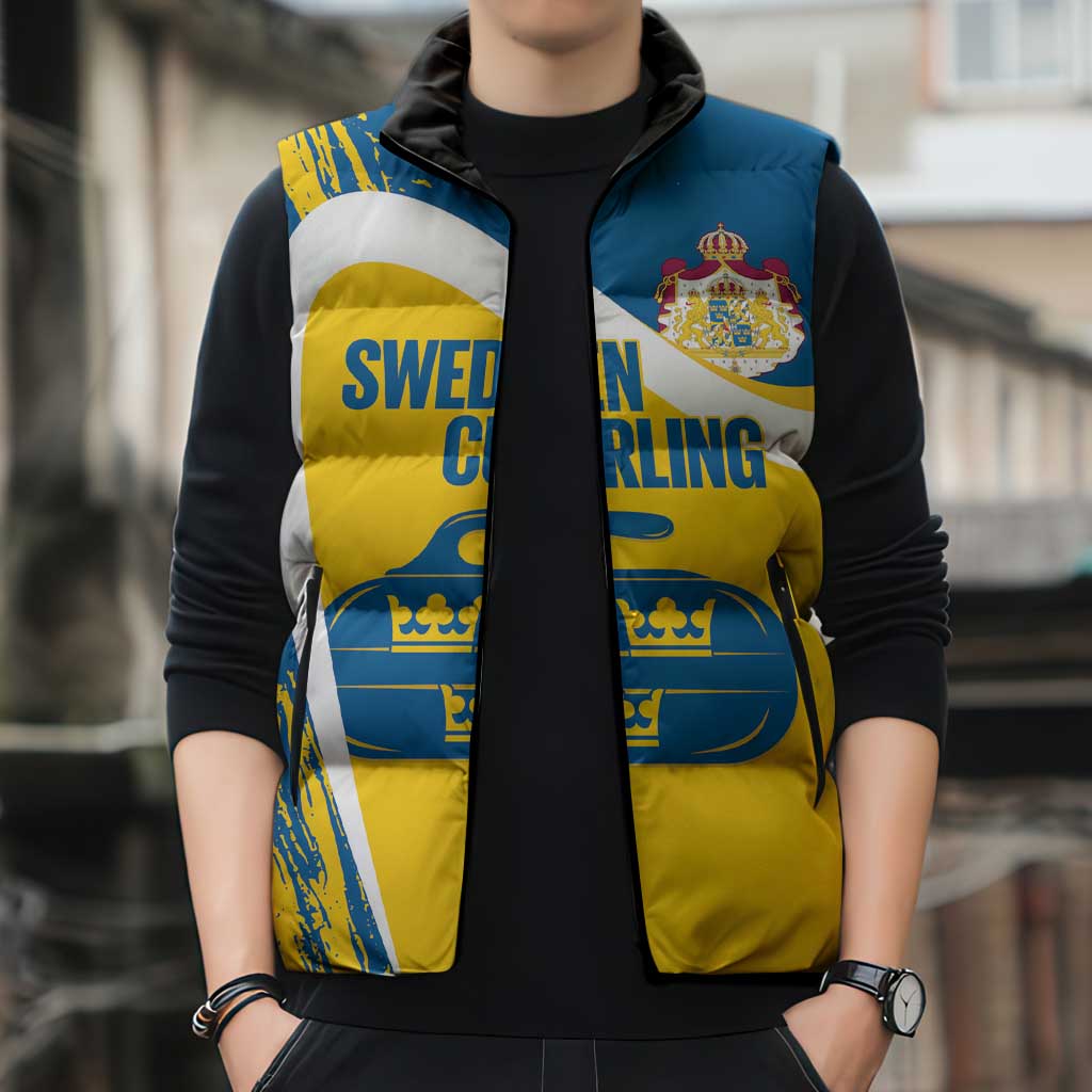 Custom Sweden Curling Sleeveless Puffer Jacket Konungariket Sverige Tre Kronor Grunge Style - Wonder Print Shop