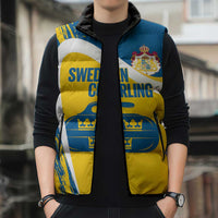 Custom Sweden Curling Sleeveless Puffer Jacket Konungariket Sverige Tre Kronor Grunge Style - Wonder Print Shop