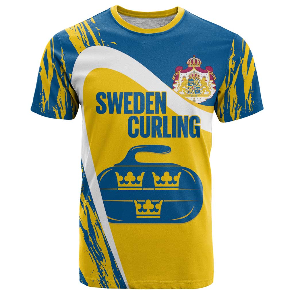 Custom Sweden Curling T Shirt Konungariket Sverige Tre Kronor Grunge Style - Wonder Print Shop