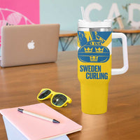 Custom Sweden Curling Tumbler With Handle Konungariket Sverige Tre Kronor Grunge Style - Wonder Print Shop