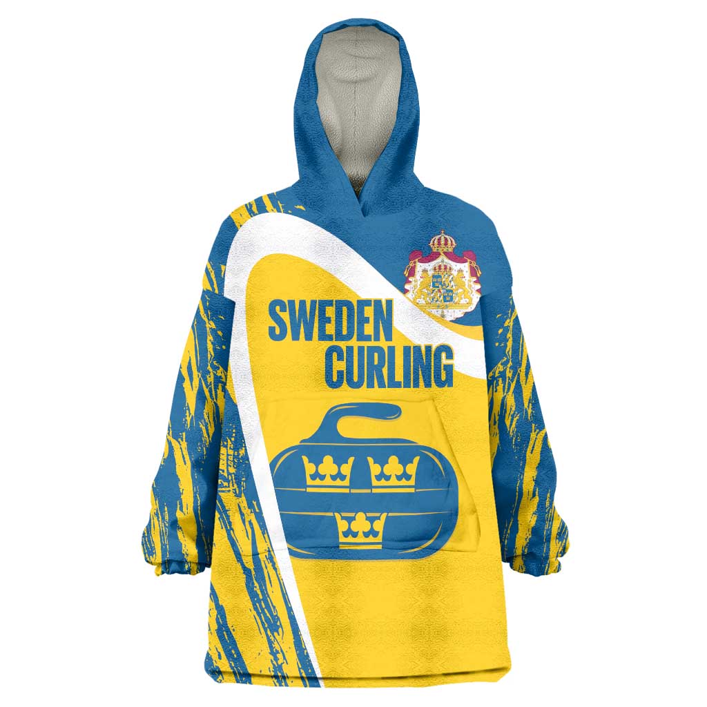 Custom Sweden Curling Wearable Blanket Hoodie Konungariket Sverige Tre Kronor Grunge Style - Wonder Print Shop