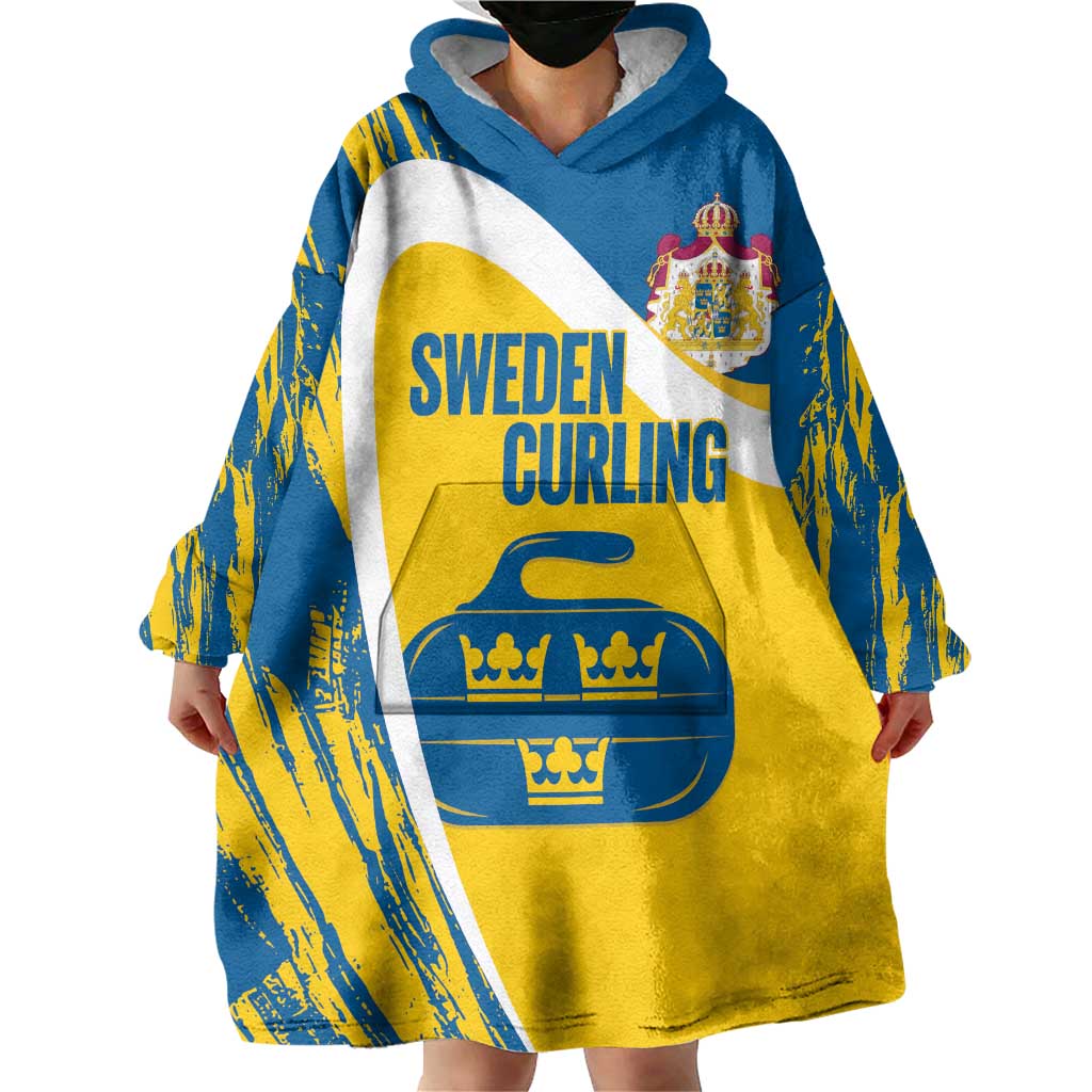 Custom Sweden Curling Wearable Blanket Hoodie Konungariket Sverige Tre Kronor Grunge Style - Wonder Print Shop