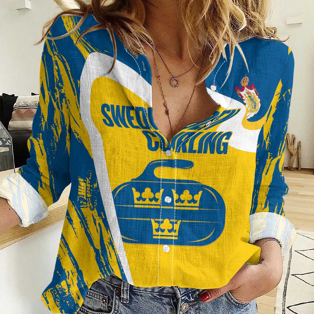 Custom Sweden Curling Women Casual Shirt Konungariket Sverige Tre Kronor Grunge Style - Wonder Print Shop