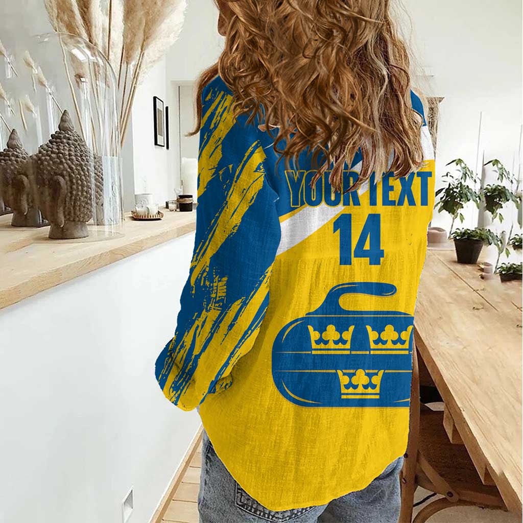Custom Sweden Curling Women Casual Shirt Konungariket Sverige Tre Kronor Grunge Style - Wonder Print Shop