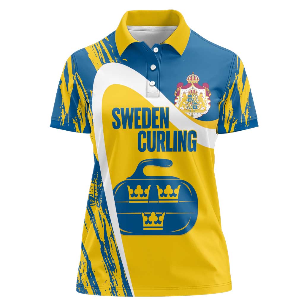 Custom Sweden Curling Women Polo Shirt Konungariket Sverige Tre Kronor Grunge Style - Wonder Print Shop