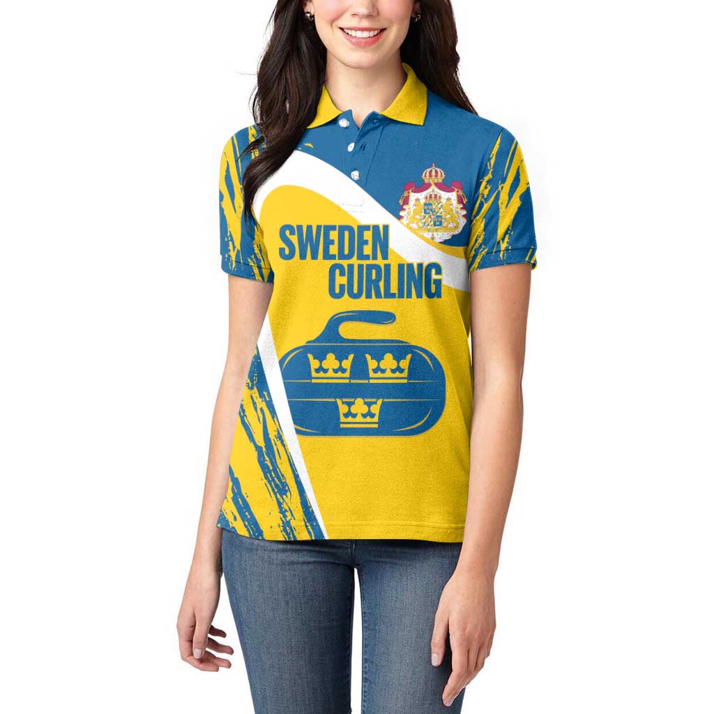 Custom Sweden Curling Women Polo Shirt Konungariket Sverige Tre Kronor Grunge Style - Wonder Print Shop