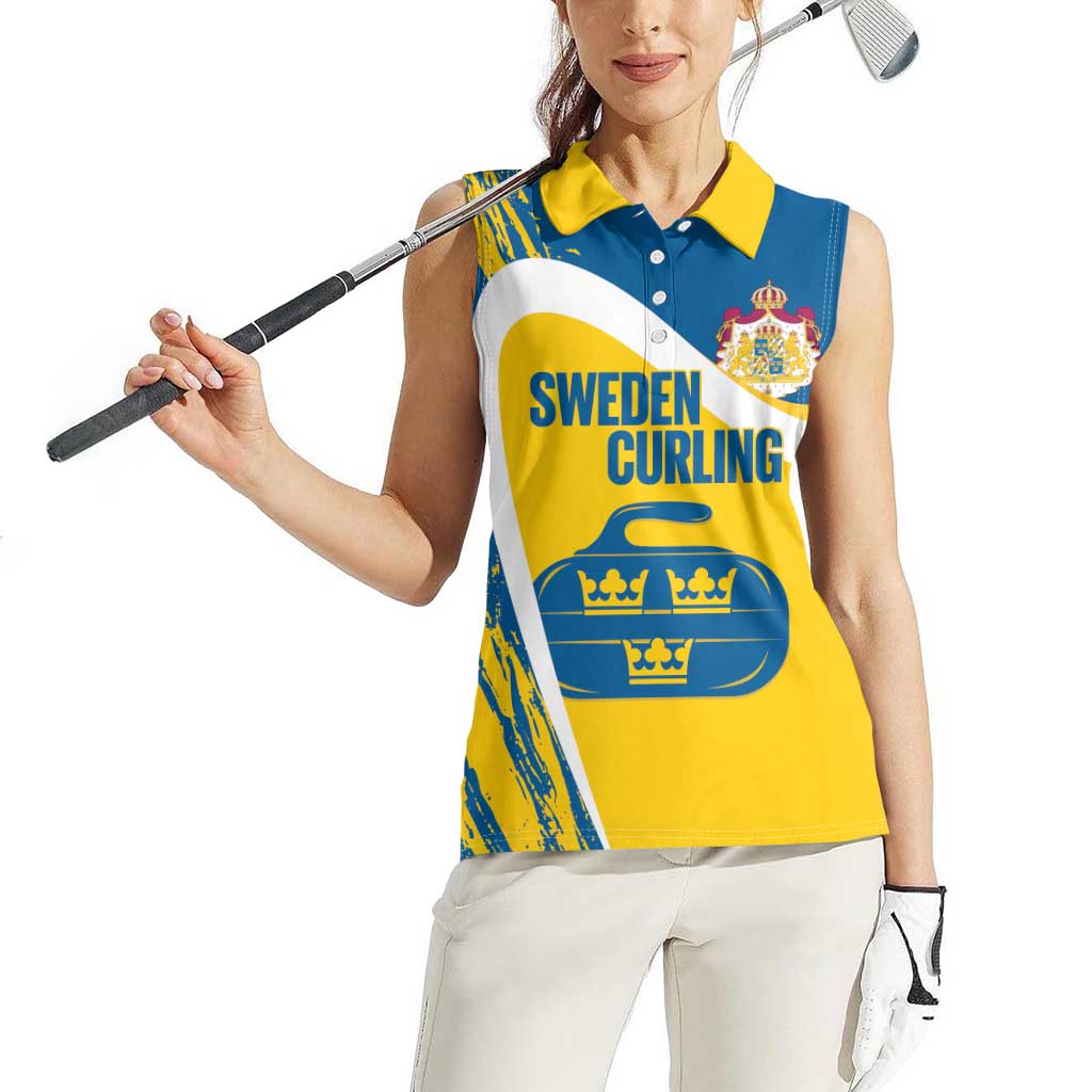 Custom Sweden Curling Women Sleeveless Polo Shirt Konungariket Sverige Tre Kronor Grunge Style - Wonder Print Shop