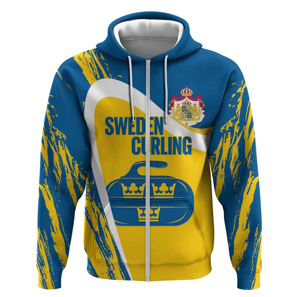 Custom Sweden Curling Zip Hoodie Konungariket Sverige Tre Kronor Grunge Style - Wonder Print Shop
