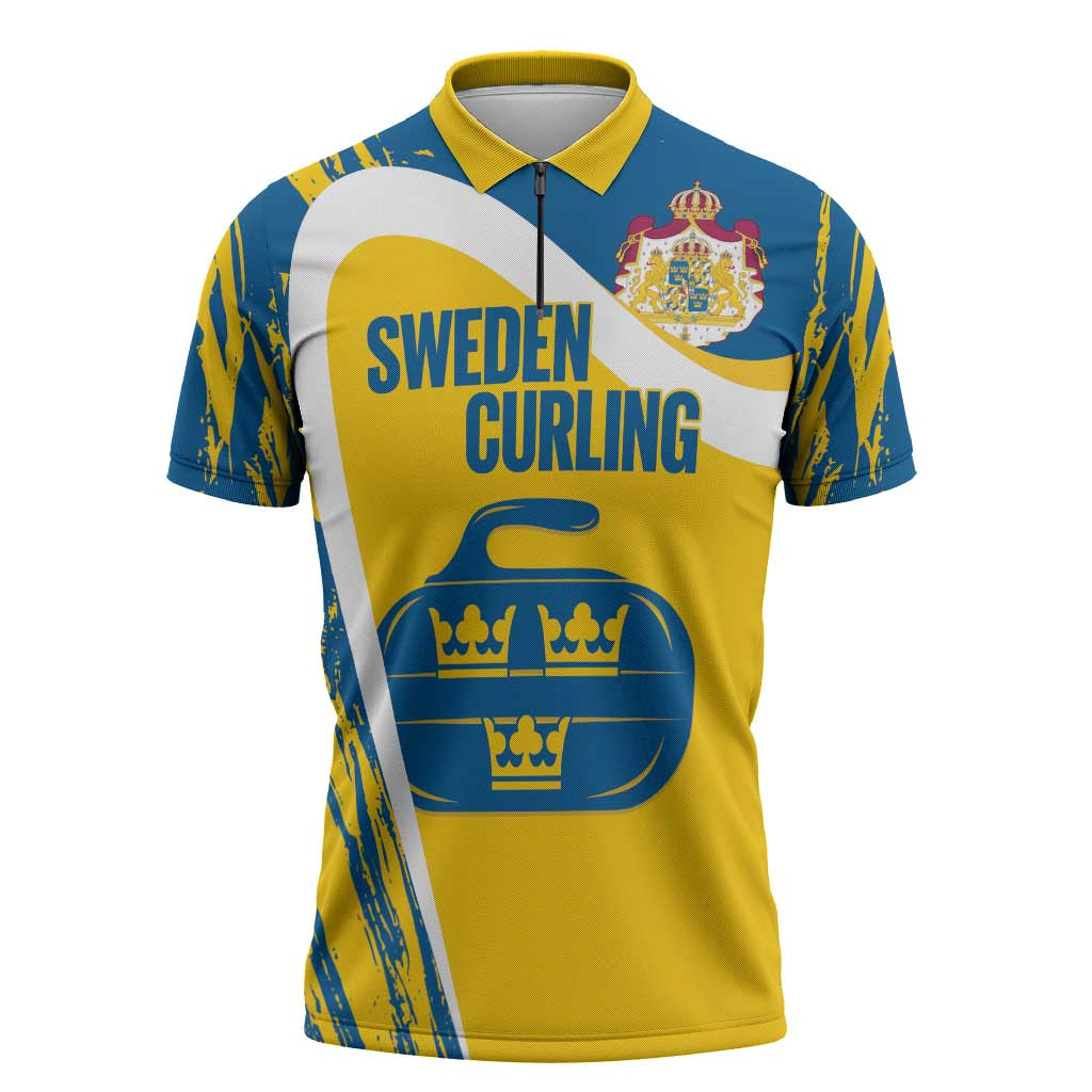 Custom Sweden Curling Zipper Polo Shirt Konungariket Sverige Tre Kronor Grunge Style - Wonder Print Shop