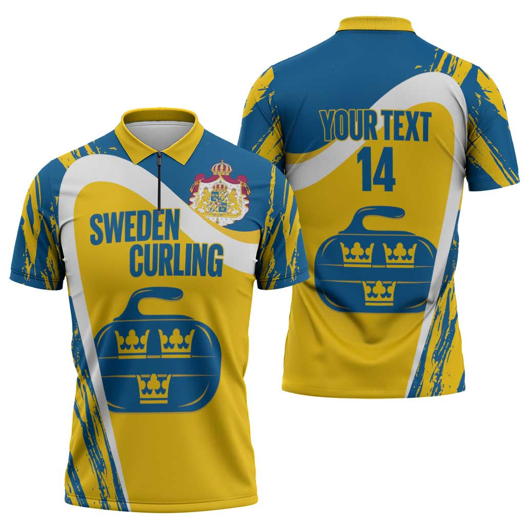 Custom Sweden Curling Zipper Polo Shirt Konungariket Sverige Tre Kronor Grunge Style - Wonder Print Shop
