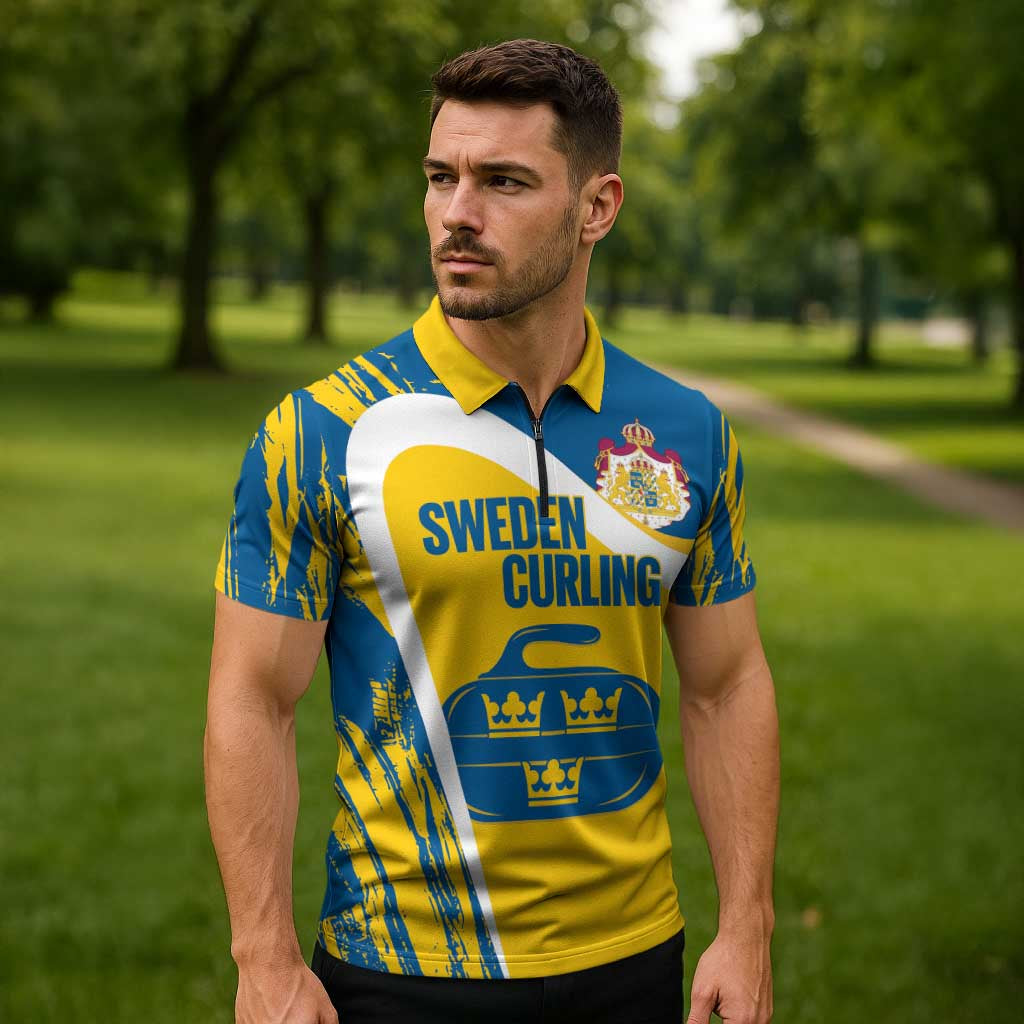 Custom Sweden Curling Zipper Polo Shirt Konungariket Sverige Tre Kronor Grunge Style - Wonder Print Shop