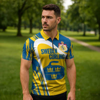 Custom Sweden Curling Zipper Polo Shirt Konungariket Sverige Tre Kronor Grunge Style - Wonder Print Shop