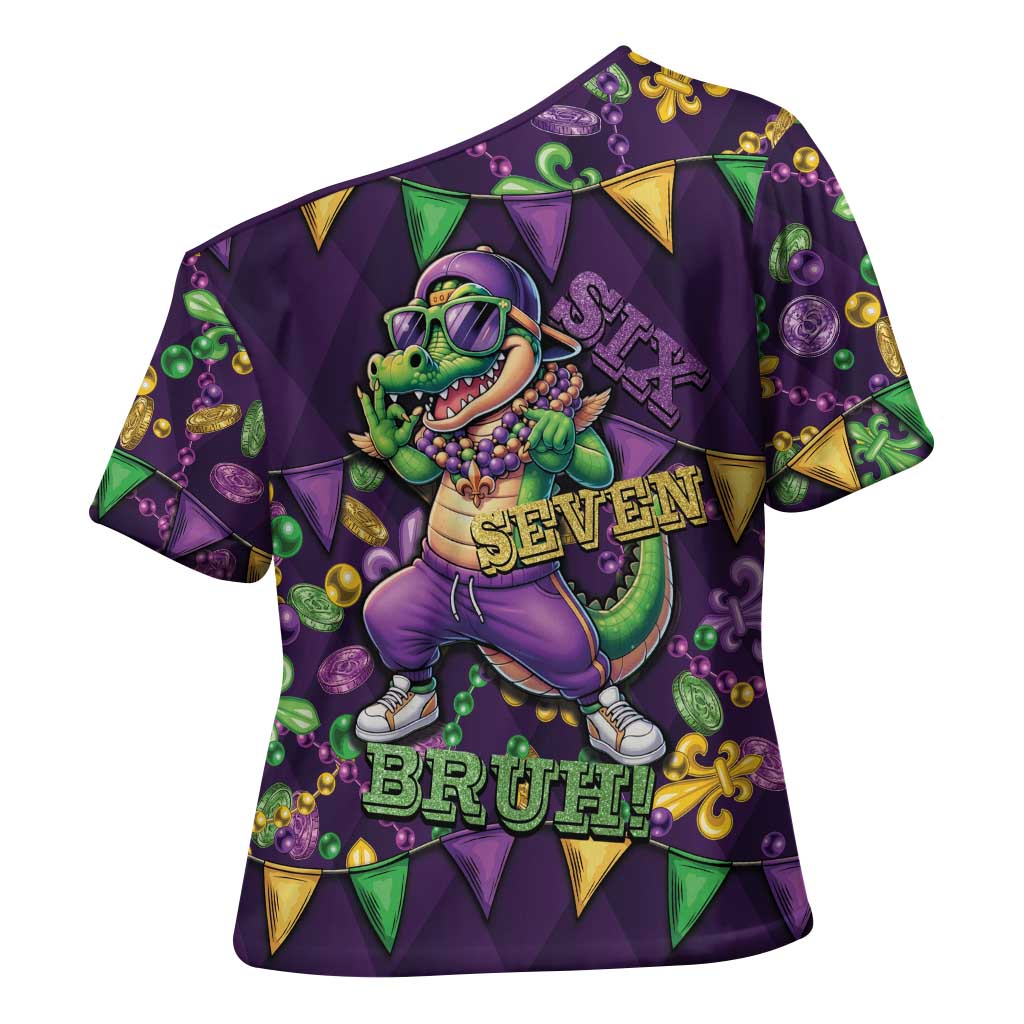 Six Seven Alligator Mardi Gras Cross Shoulder Shirt 67 Gen Alpha Slang Carnival Beads