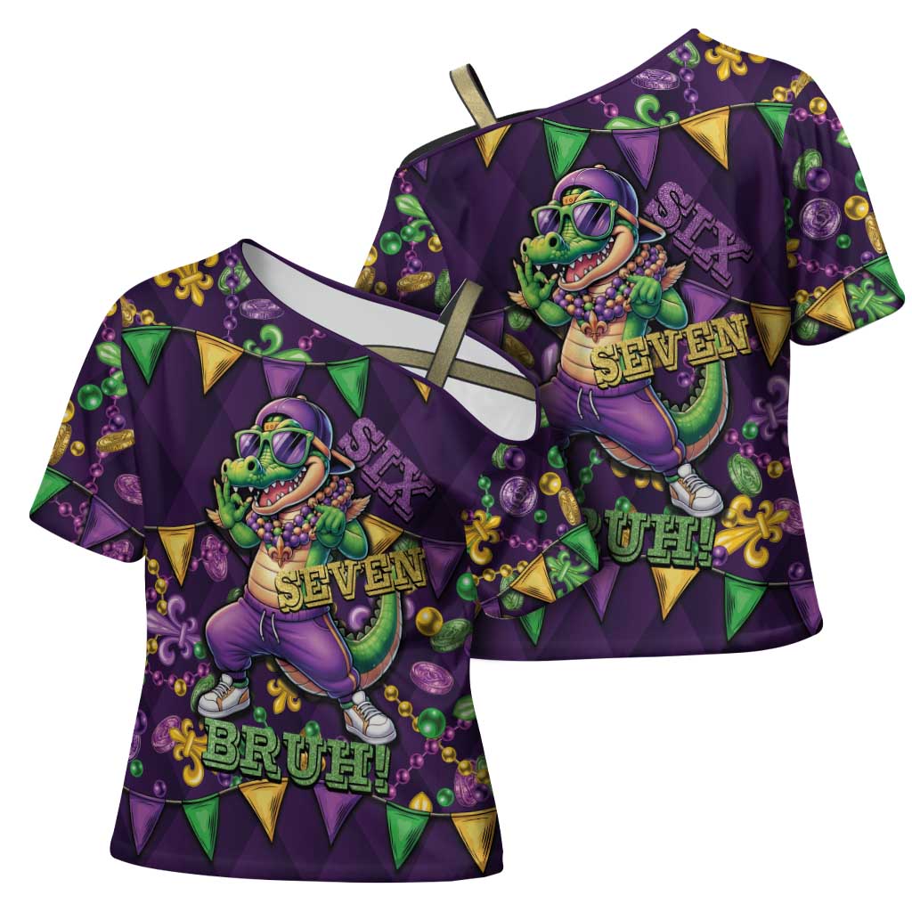 Six Seven Alligator Mardi Gras Cross Shoulder Shirt 67 Gen Alpha Slang Carnival Beads