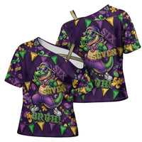 Six Seven Alligator Mardi Gras Cross Shoulder Shirt 67 Gen Alpha Slang Carnival Beads