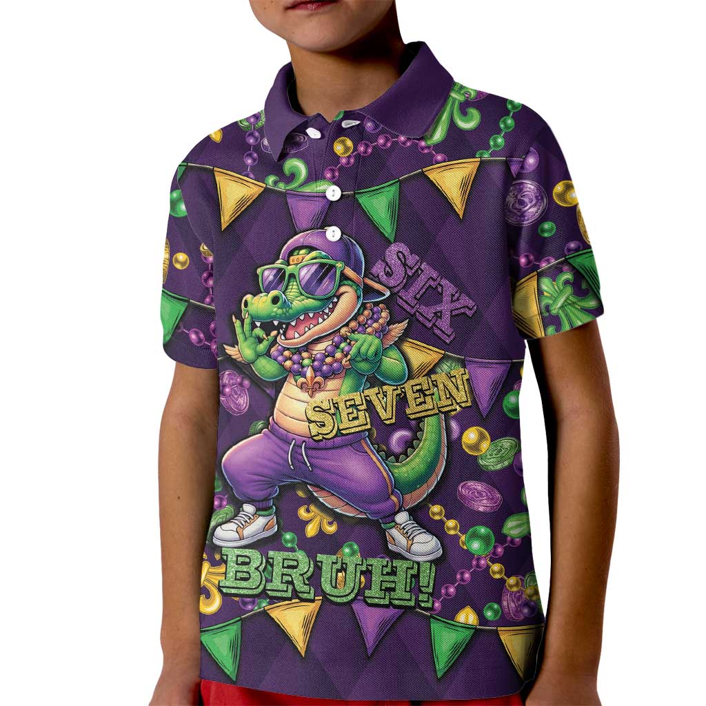 Six Seven Alligator Mardi Gras Kid Polo Shirt 67 Gen Alpha Slang Carnival Beads