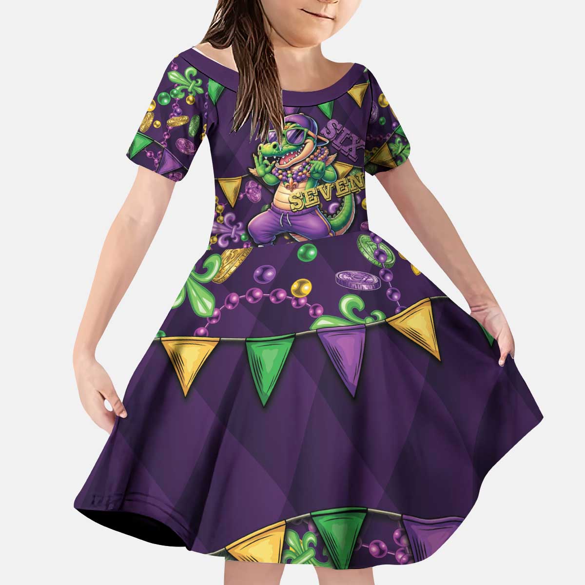 Six Seven Alligator Mardi Gras Kid Short Sleeve Dress 67 Gen Alpha Slang Carnival Beads