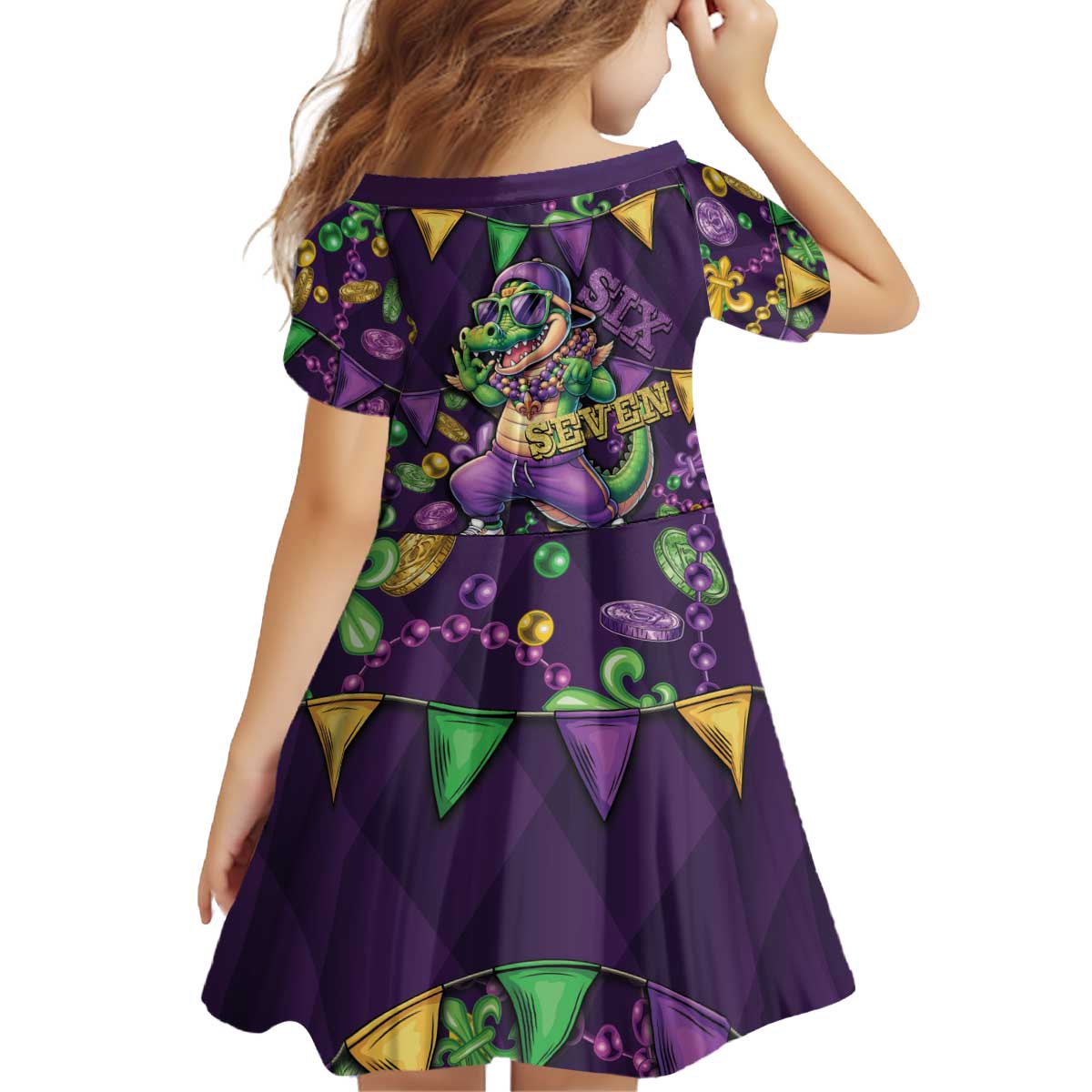 Six Seven Alligator Mardi Gras Kid Short Sleeve Dress 67 Gen Alpha Slang Carnival Beads
