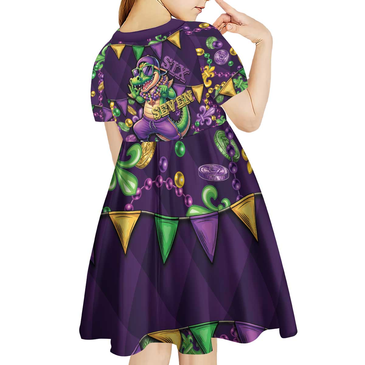 Six Seven Alligator Mardi Gras Kid Short Sleeve Dress 67 Gen Alpha Slang Carnival Beads