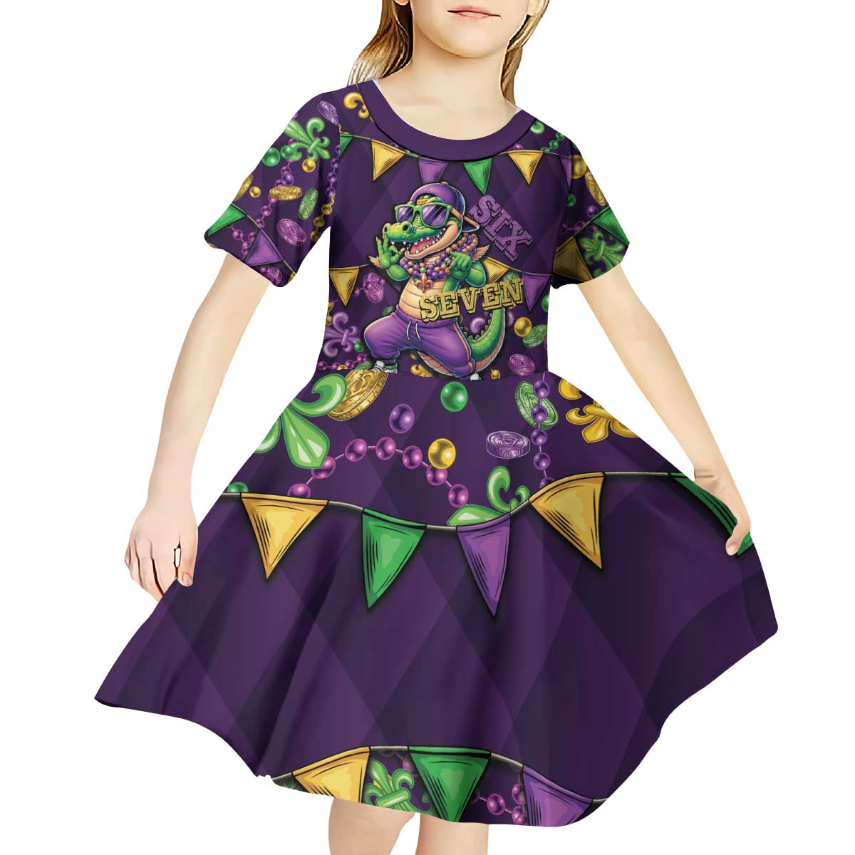 Six Seven Alligator Mardi Gras Kid Short Sleeve Dress 67 Gen Alpha Slang Carnival Beads