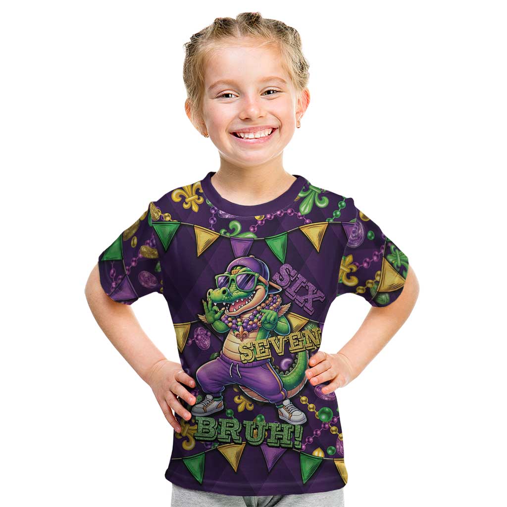 Six Seven Alligator Mardi Gras Kid T Shirt 67 Gen Alpha Slang Carnival Beads