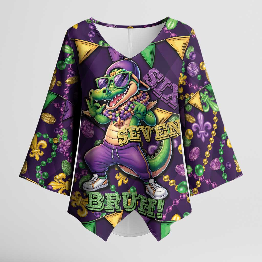 Six Seven Alligator Mardi Gras Kimono Sleeve Blouse 67 Gen Alpha Slang Carnival Beads