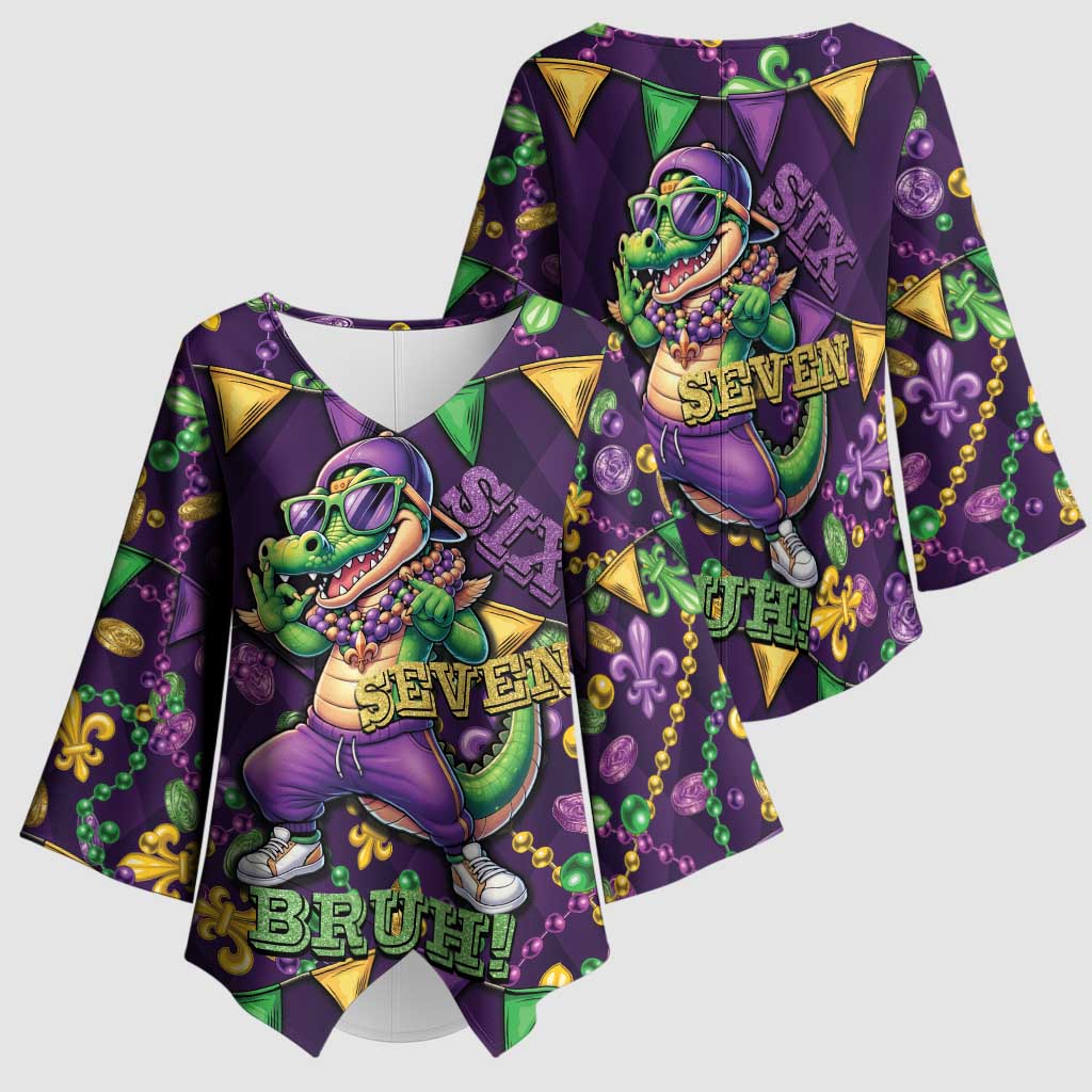 Six Seven Alligator Mardi Gras Kimono Sleeve Blouse 67 Gen Alpha Slang Carnival Beads