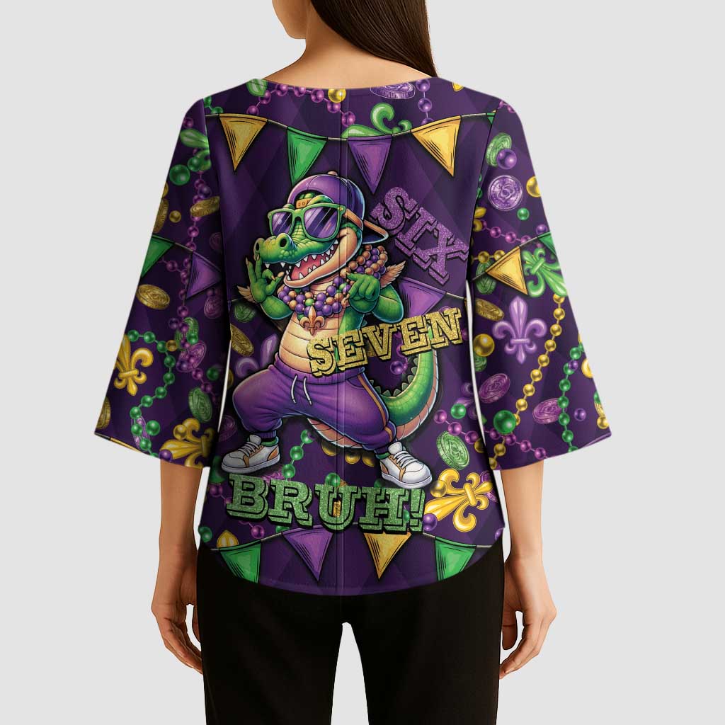 Six Seven Alligator Mardi Gras Kimono Sleeve Blouse 67 Gen Alpha Slang Carnival Beads