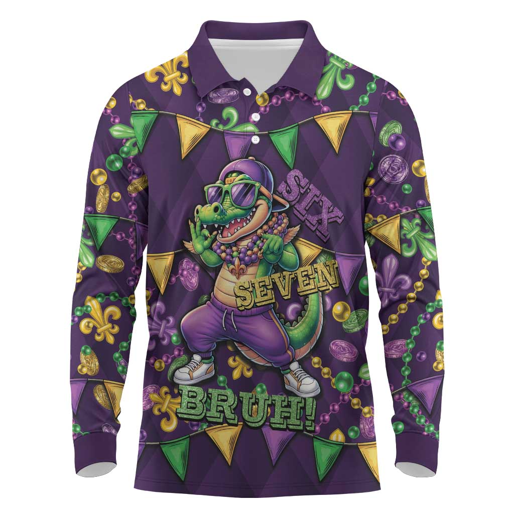Six Seven Alligator Mardi Gras Long Sleeve Polo Shirt 67 Gen Alpha Slang Carnival Beads