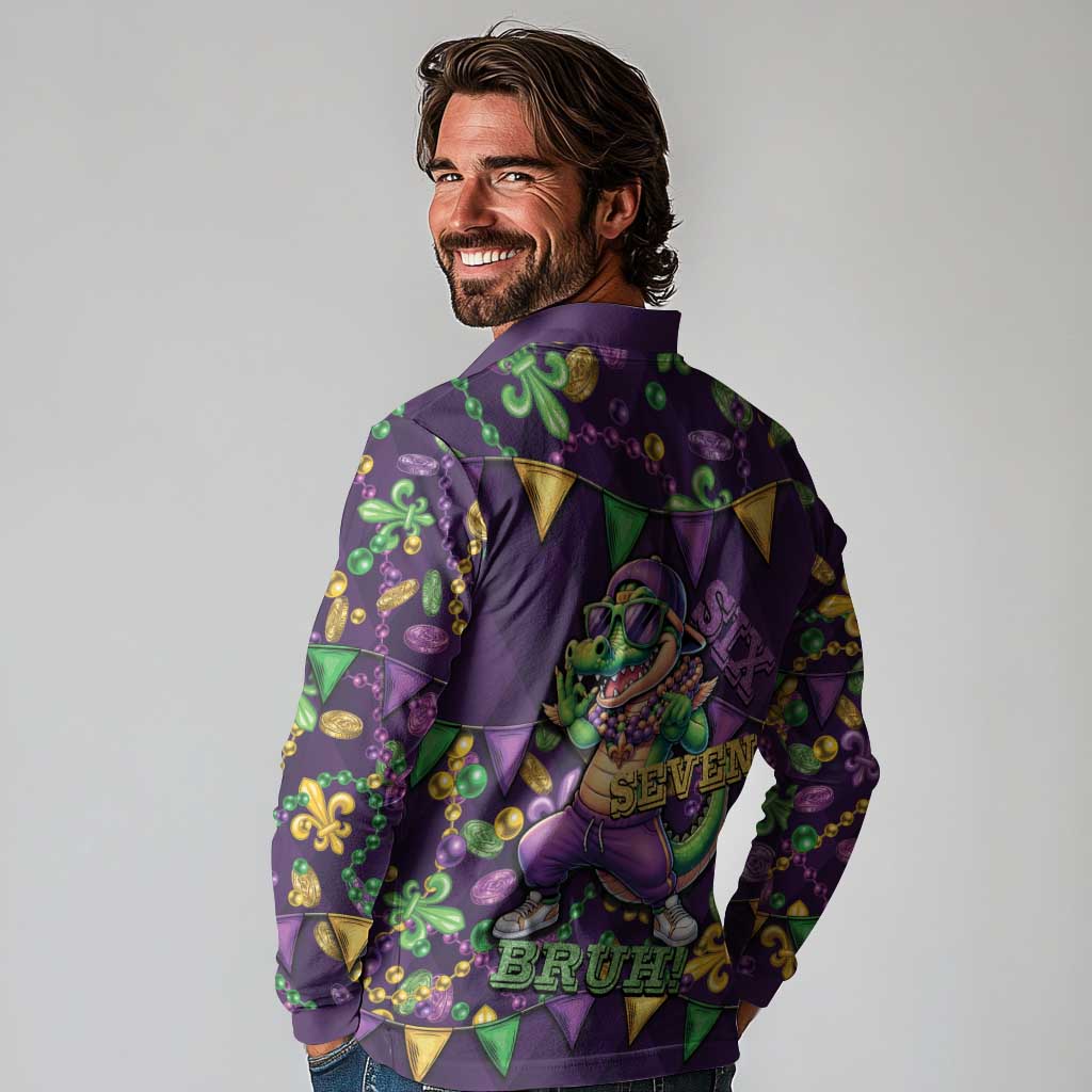 Six Seven Alligator Mardi Gras Long Sleeve Polo Shirt 67 Gen Alpha Slang Carnival Beads