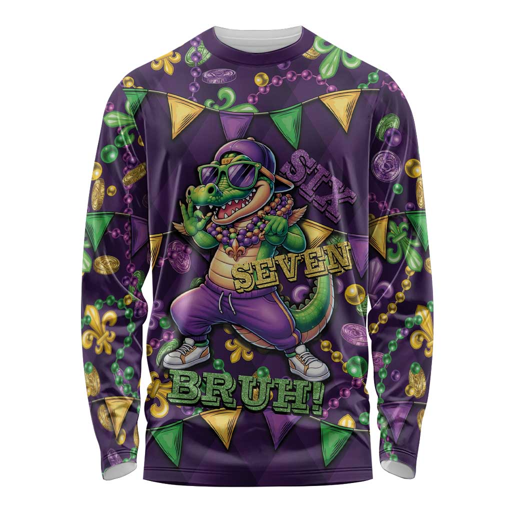 Six Seven Alligator Mardi Gras Long Sleeve Shirt 67 Gen Alpha Slang Carnival Beads