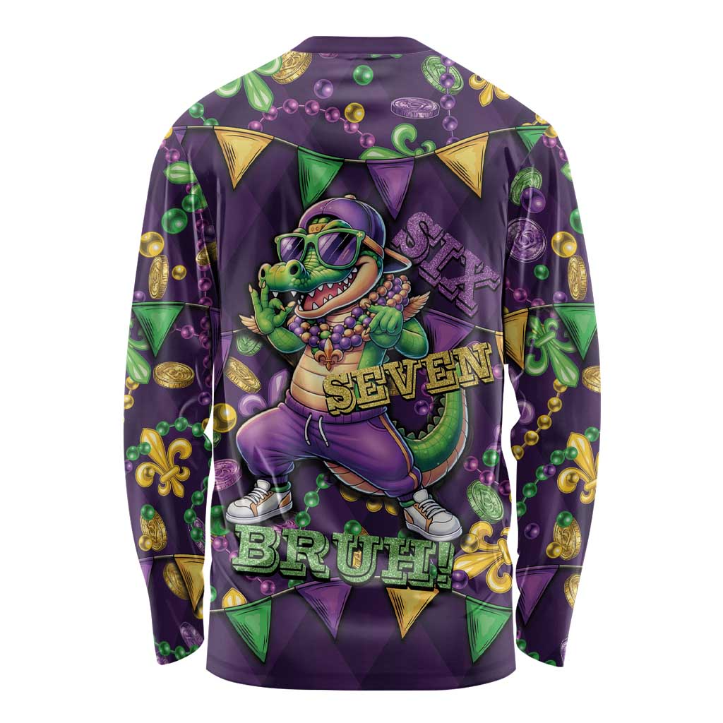 Six Seven Alligator Mardi Gras Long Sleeve Shirt 67 Gen Alpha Slang Carnival Beads